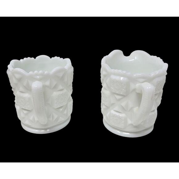 Milk Glass Cream Sugar Set Old Quilt Pattern White Vintage 1940s Westmoreland - Picture 12 of 13